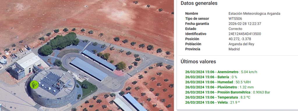 Vista aérea estación meteorológica Arganda, datos recientes visibles.